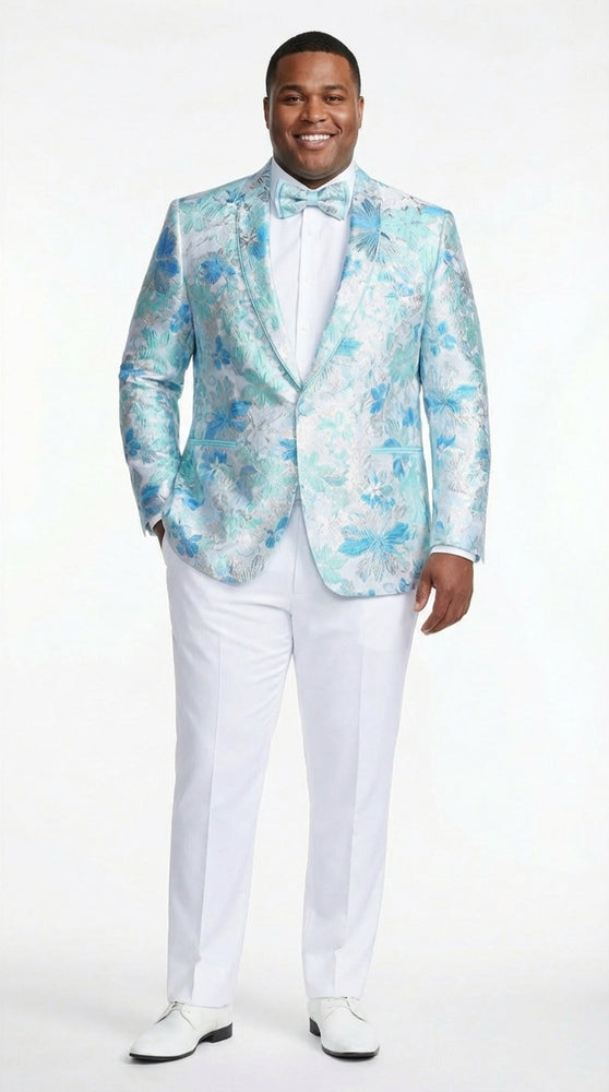 Men’s Light Blue Floral Jacquard Tuxedo Jacket with Matching Bow Tie | Formal Prom Wedding Blazer + Bowtie Turqoise Aqua Color