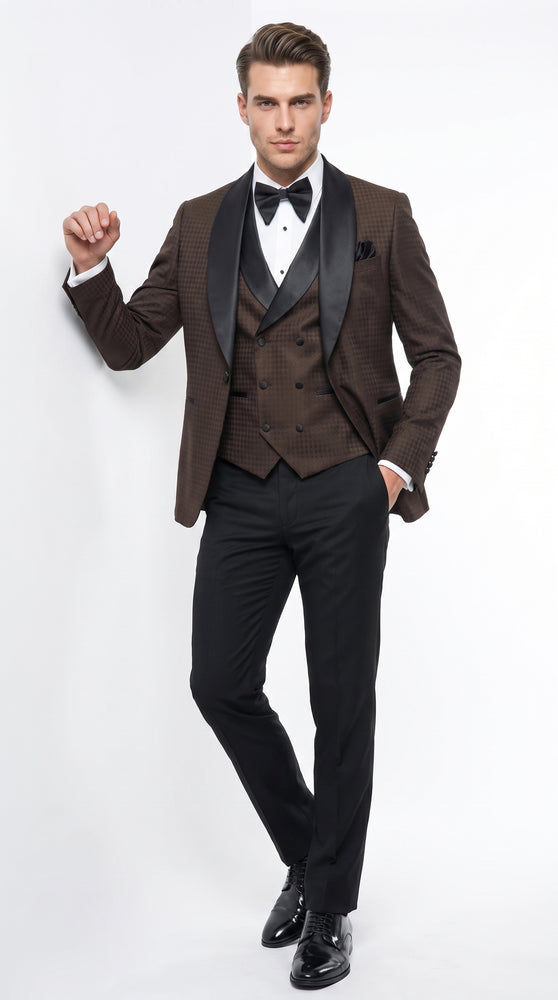 Men’s Chocolate Brown Tuxedo Suit – 3 Piece Shawl Lapel Wedding, Prom and Formal Dinner Tuxedo