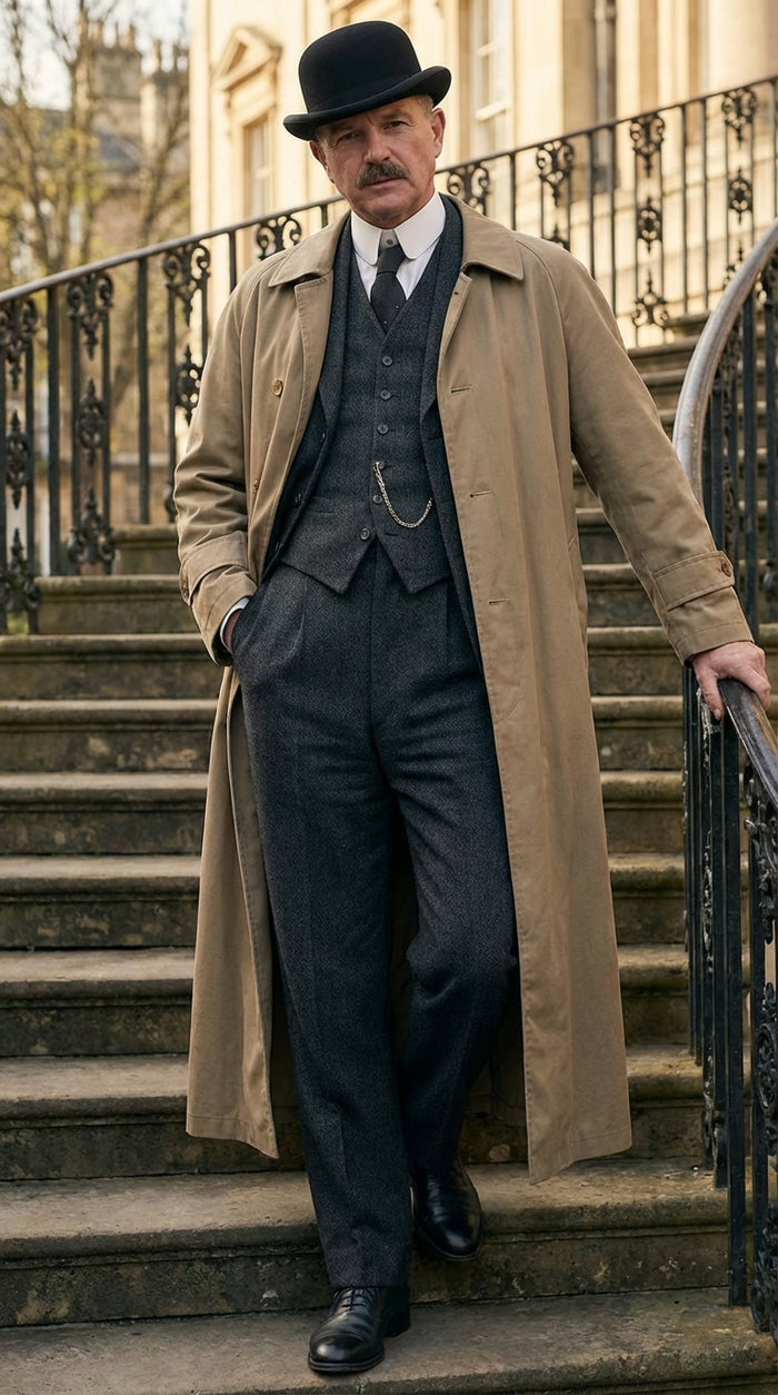 Men's Beige Cotton Trench Coat Suit Package – Classic Long Overcoat