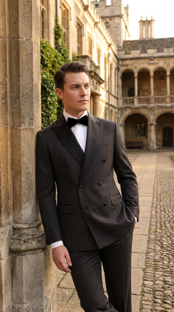Men’s Black Shadow Pinstripe Double-Breasted Tuxedo Tone on Tone Formal Wedding  Suit Modern Fit 1920s Style