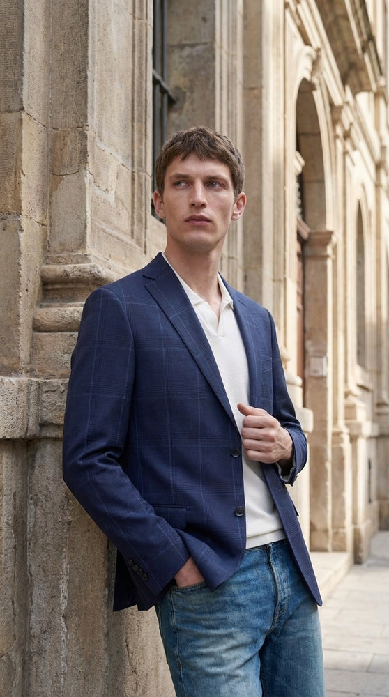 Men’s Navy Blue Plaid Wool Blazer – English Style Textured Wool Winter Sport Coat  Windowpane pattern