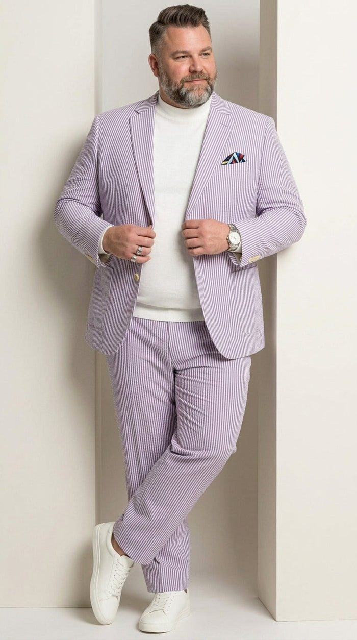 Men’s Lavender Seersucker 2 Piece Suit, Lightweight Summer Blazer and Pants Set for Weddings, Parties, Prom, and summer fabric