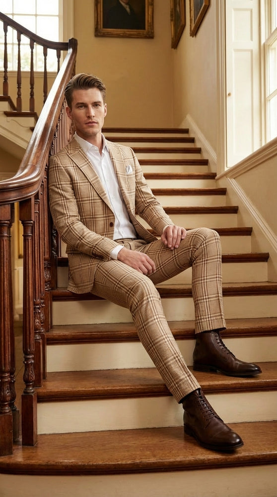 Beige Tan Plaid windowpane Two Piece Suit for Men | Classic Checkered Formal Suit with Jacket and Pants by Rossiman