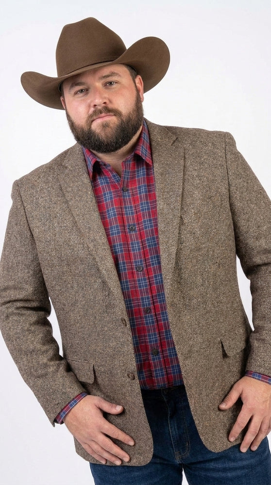 Men’s Light Brown Western Blazer – Textured Tweed Herringbone Cowboy Sport Coat for Rodeo, Country Taupe Dark Tan Color Wool Fabric