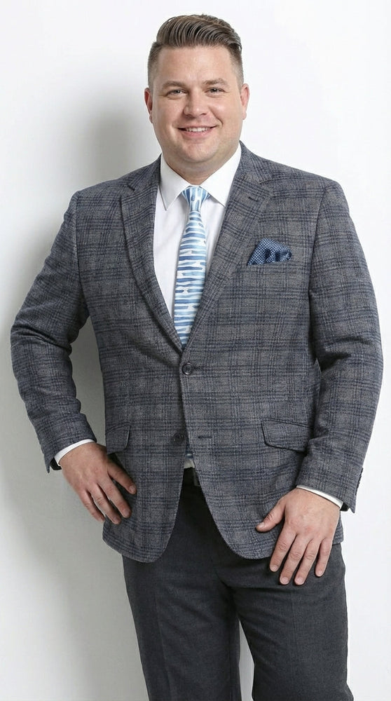 Mens Charcoal Gray with Blue Plaid Pattern Blazer Jacket – Classic Check Pattern Sport Coat for Business, Office, and Smart Casual Wear