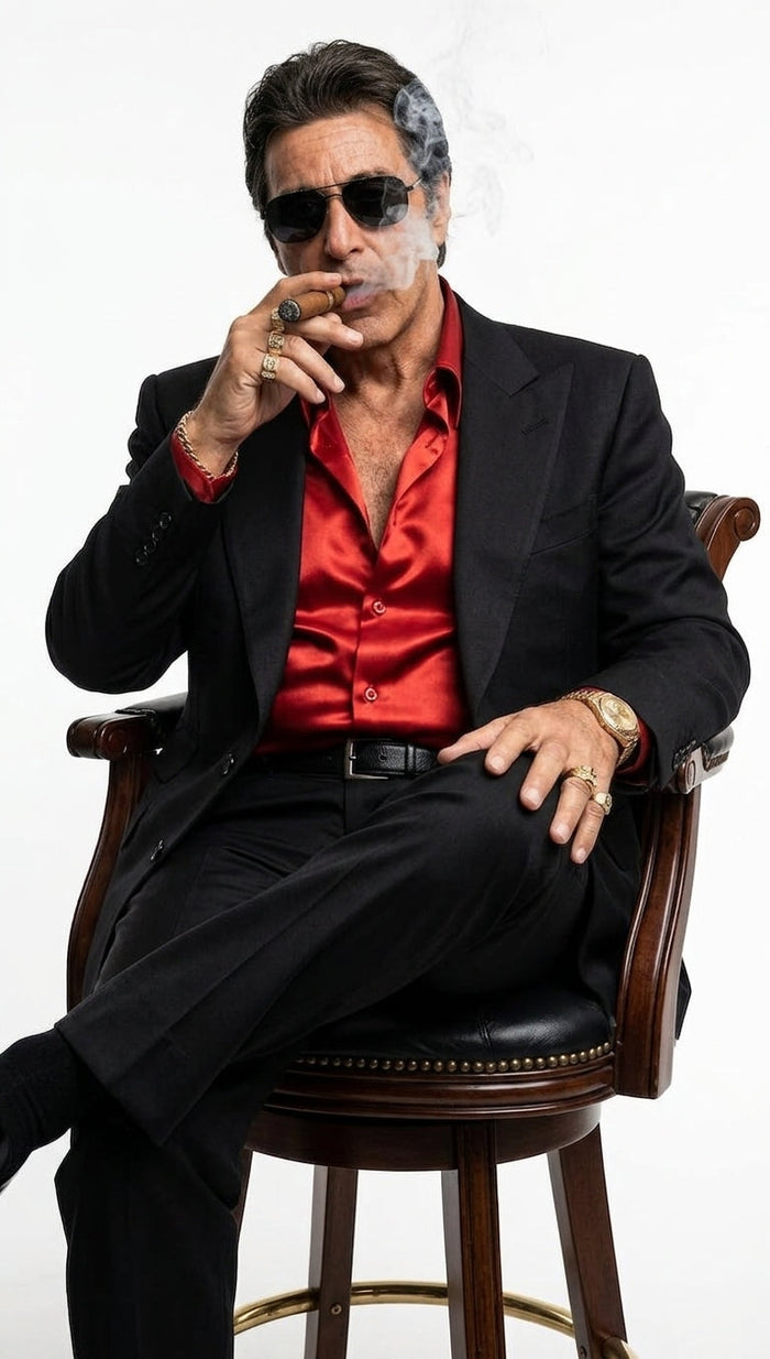 Tony Montana’s Black Blazer with Red Sateen Shirt – Men’s Black Formal Blazer and Red Satin Style Shirt Outfit for Party, Wedding and Vintage Wear