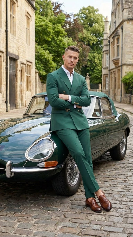 Vitali Brand Men’s Emerald Green Double Breasted Suit – Modern Fit Side Vented