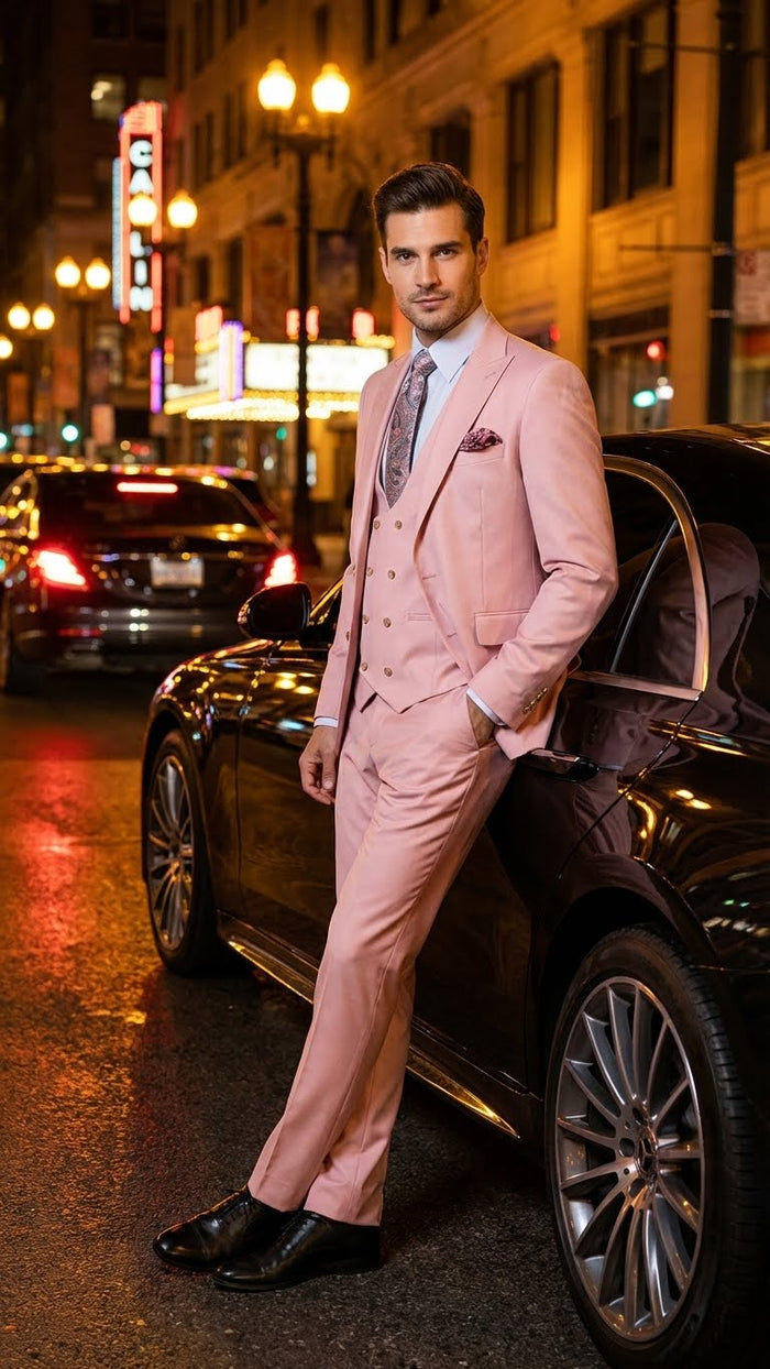 Men’s Blush Pink and Gold Three-Piece Suit – Tailored Fit Formal Wedding, Vested Suit By Rossiman