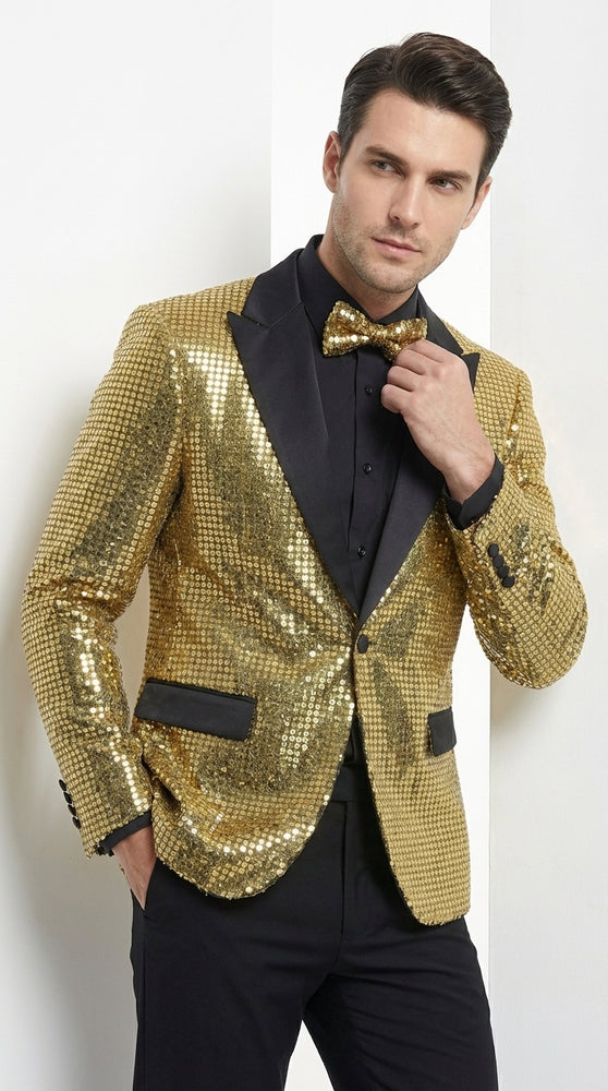 Mens Gold Sequin Blazer with Black Satin Lapel – Gold Formal Party Blazer Jacket for Prom, Wedding and Stage Events