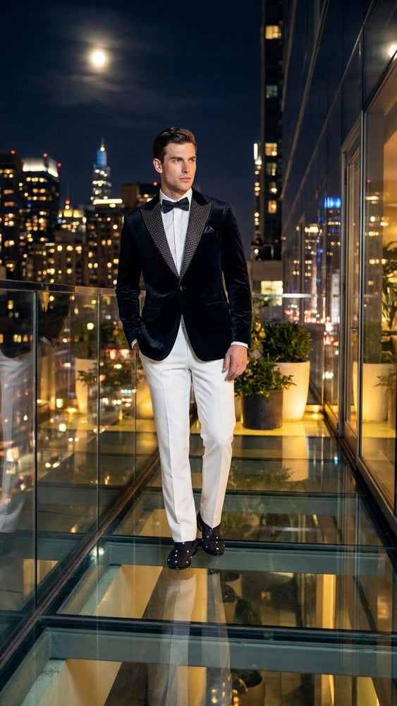 Men’s Black Velvet Tuxedo Blazer with Studded Lapel – Formal Evening Jacket