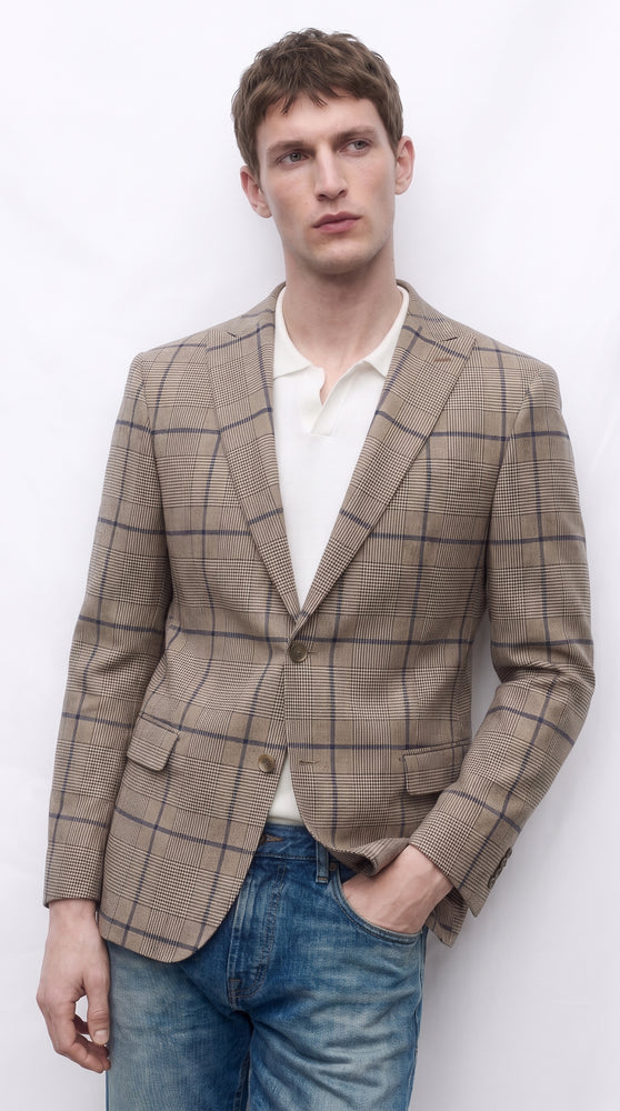 Men’s Tan Beige Peaky Blinders Glen Plaid Blazer English Style Textured Wool Winter Sport Coat Checkered Windowpane