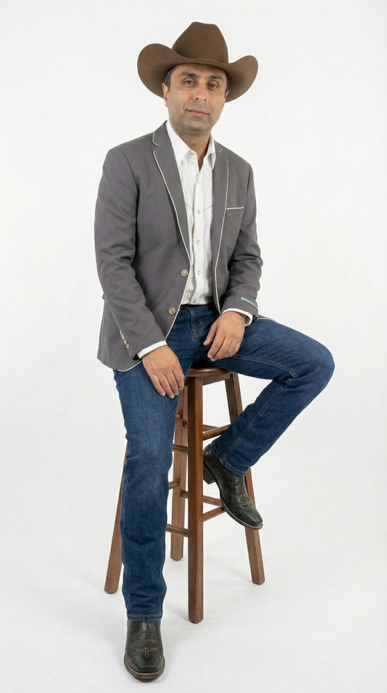 Mens Grey and White Trim Western Blazer – Classic Fit Cowboy Style Contrast Trim Dress Jacket