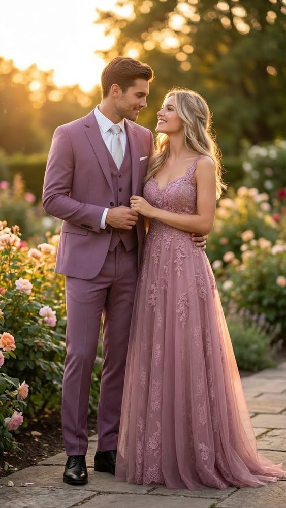 Men’s Mauve Three-Piece Suit – Slim Fit Formal Blazer, Vest, and Trousers for Weddings Rose Gold Pinkish Color