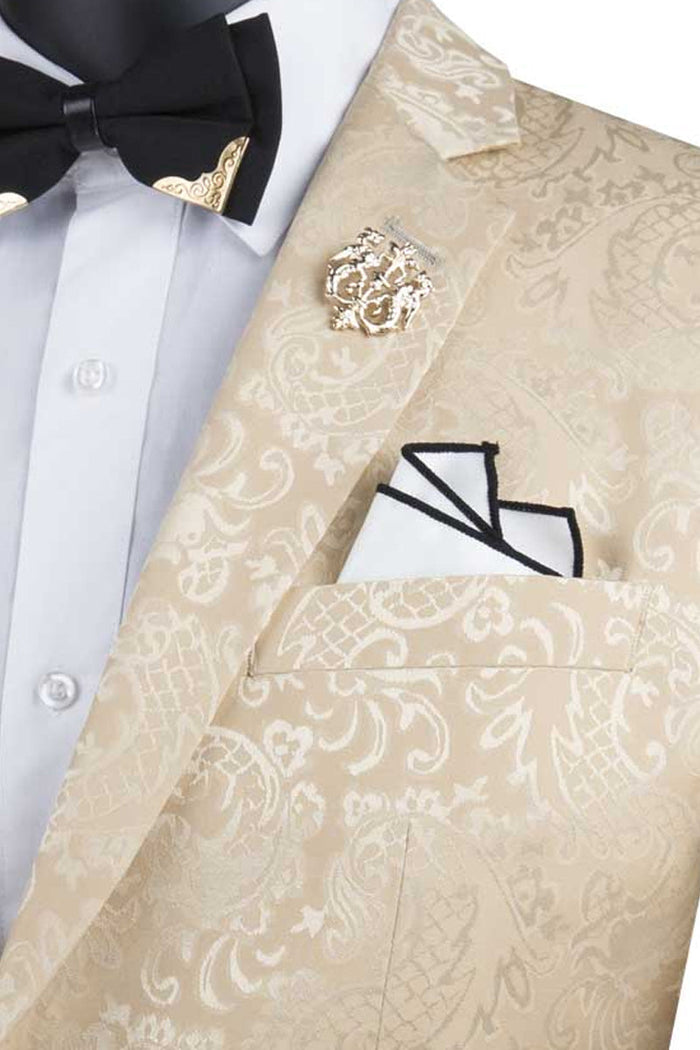 Beige Men's Slim Fit Paisley Wedding & Prom 2026 Suit - Shiny Finish