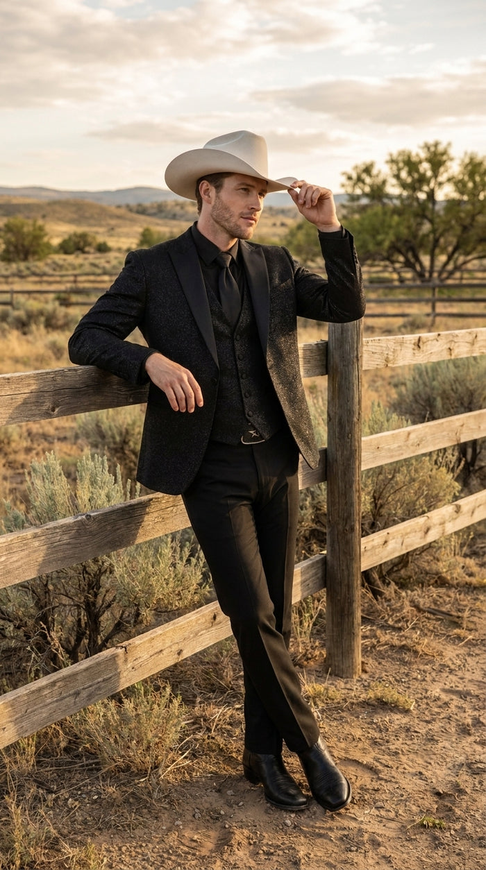 Men’s Black Western Tuxedo Blazer – Shimmer Cowboy Dinner Jacket Shiny Sparkely