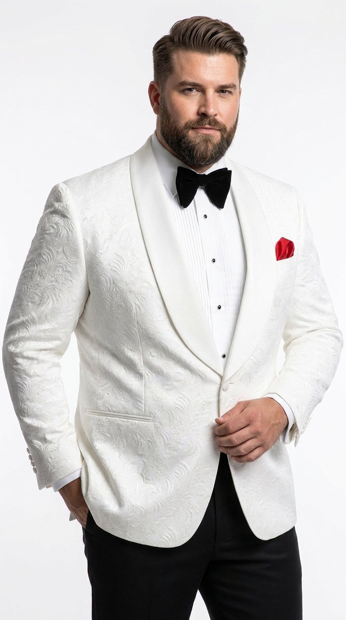 Men’s White Floral Tuxedo Jacket – Shawl Lapel Wedding & Prom Dinner Jacket