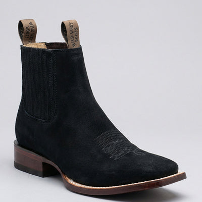 Wild West men's black nubuck leather square toe Chelsea western boot.