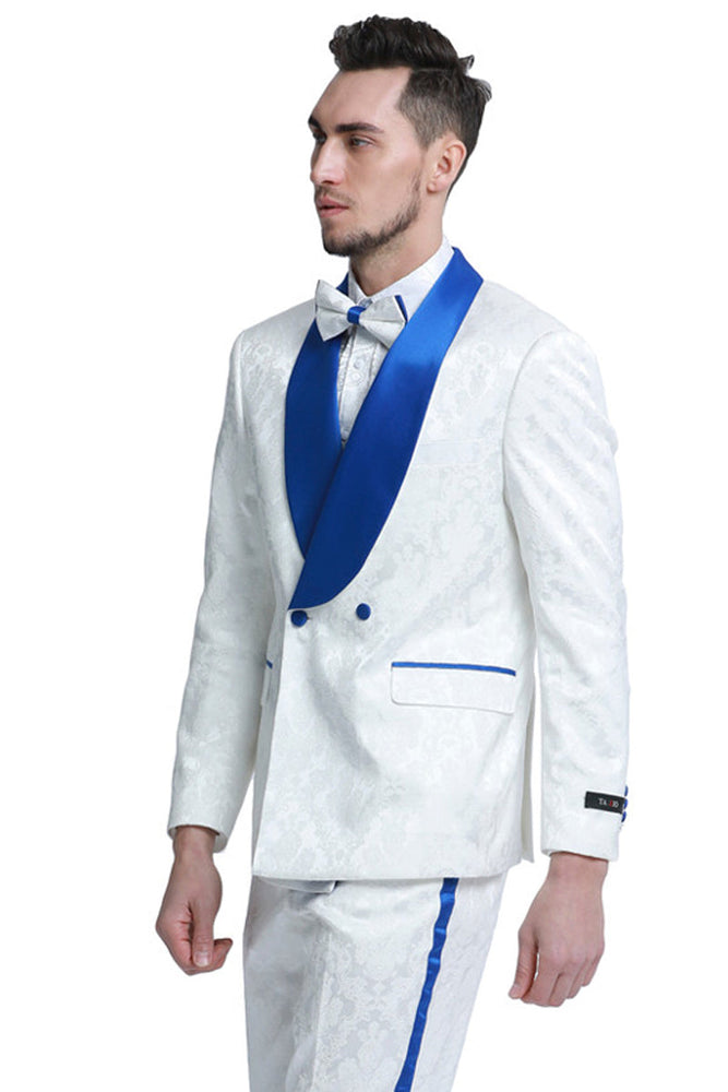 Men's Double Breasted Paisley Smoking Jacket in White & Royal Blue