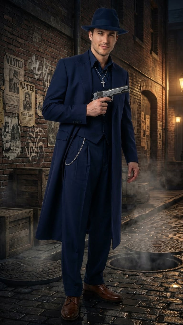 Mens Navy Blue 1920s Zoot Suit – Long Mafia Gangster Three-Piece Vintage Costume Set Suit Pachuco Style