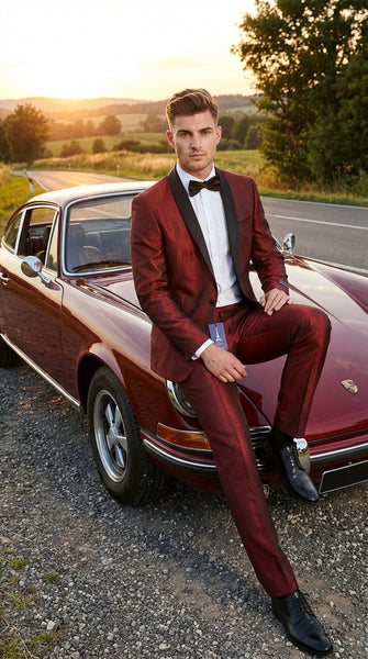 Men’s Shiny Burgundy Satin Tuxedo Jacket with Black Shawl Lapel | Formal Wedding & Prom Blazer - Sharkskin Fabric