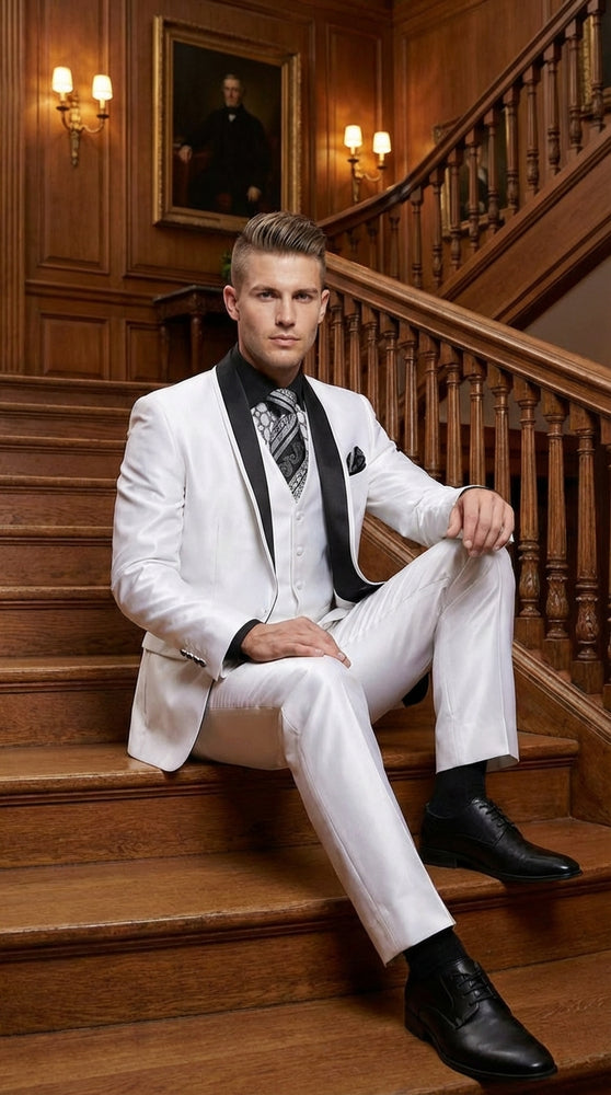 Men’s White Shiny Flashy Fabric Tuxedo Suit with Black Shawl Lapel | Luxury Formal Wedding and Evening Suit Sharkskin Metallic Fabric