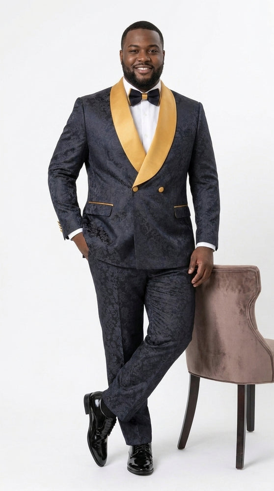 Men’s Black and Gold Hollywood Tuxedo – Double-Breasted Shawl Lapel Prom, Wedding and Formal Suit