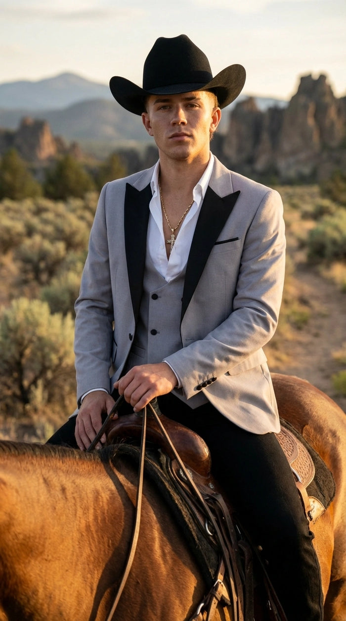 Men’s Light Gray Cowboy Tuxedo with Black Satin Lapel – Western Formal Suit with Double Breasted Vest