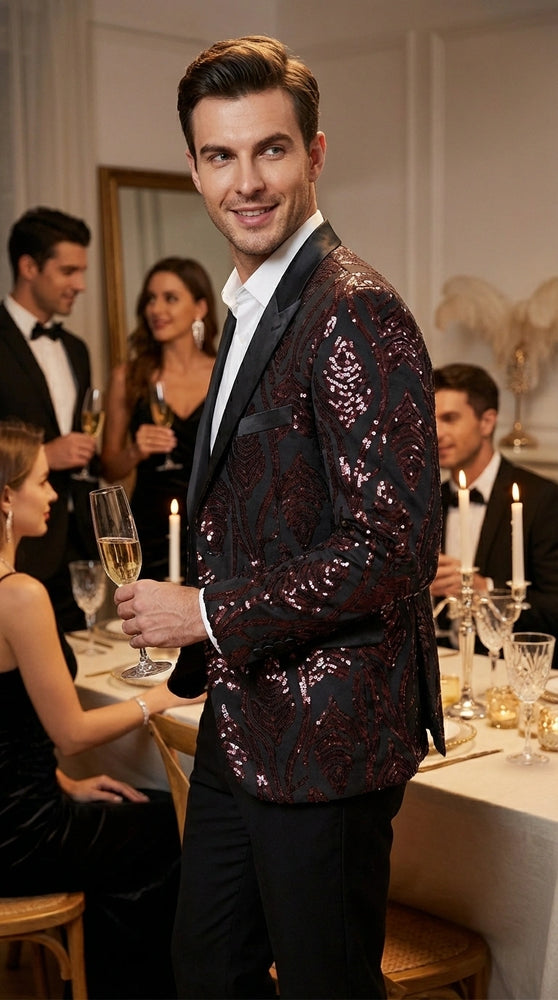 Men’s Black and Burgundy Sequin Blazer – Black Sparkle Sequin Party Blazer with Burgundy Pattern for Prom, Wedding Slim Fitted