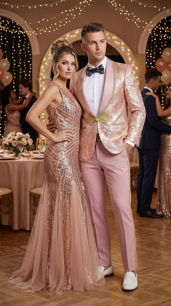 Men’s Rose Gold Pink Prom Tuxedo Suit – Slim Fit Paisley Pattern Formal Tuxedo Suit for Prom, Wedding and Special Events