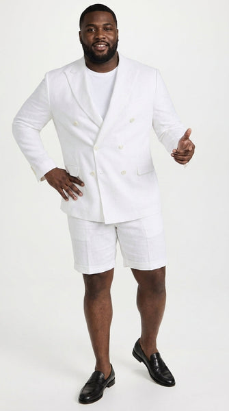 Men’s White Summer Suit with Shorts, 2 Piece Linen Style Wedding Beach Short Suit Set double breasted style