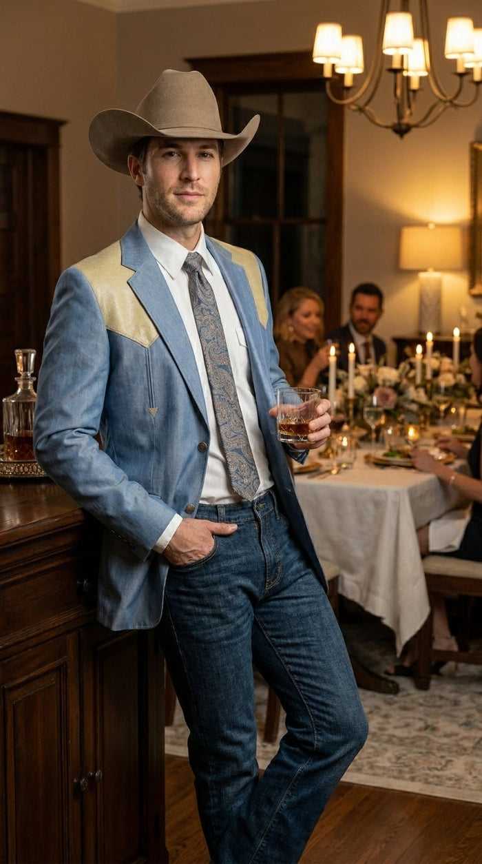 Men’s Steel - Light Blue and Off White Cream Color Western Cowboy Blazer – Shiny Country Style Dress Jacket for Rodeo Saco De Hombre Vaquero