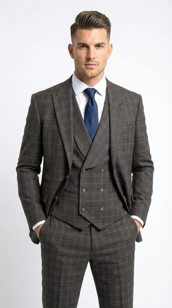 Vitali Men’s Brown Grey with Blue Check 3 Piece Suit – Classic Plaid Formal Suit Set with Blazer, Vest & Trousers, Business Wedding Party Wear for Men Slim Fit