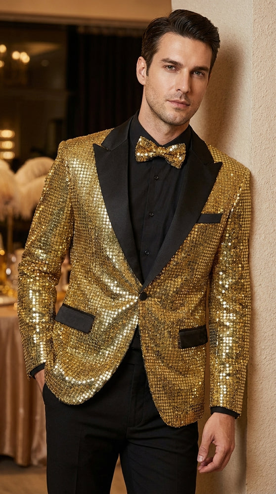 Mens Gold Sequin Blazer with Black Satin Lapel – Gold Formal Party Blazer Jacket for Prom, Wedding and Stage Events