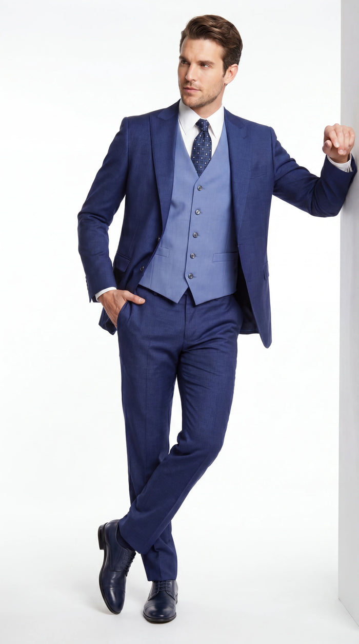 Vitali Men’s Navy Blue 3 Piece Suit with Light Blue Vest, Textured Formal Dress Suit for Weddings, Prom, Business Events, and Parties