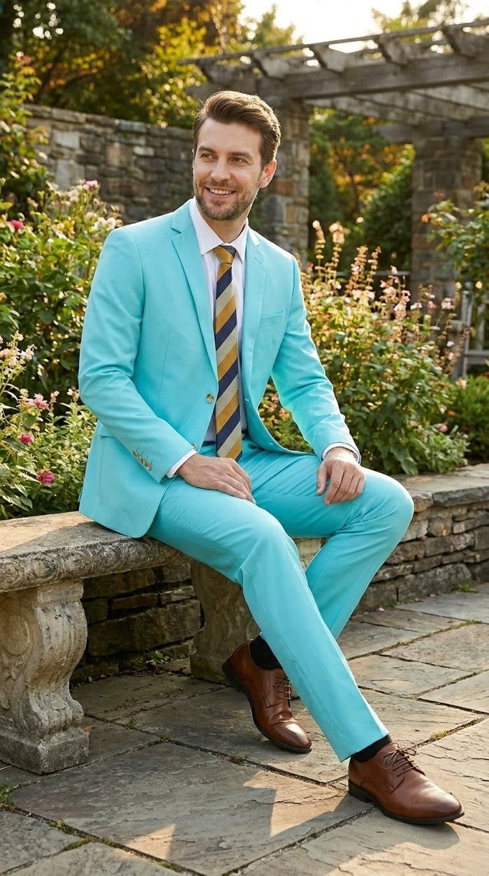 Men’s Aqua Blue 2 Piece 2 Button Suit, Formal Dress Suit for Weddings, Prom, Parties, Summer Events, Turquoise Light blue
