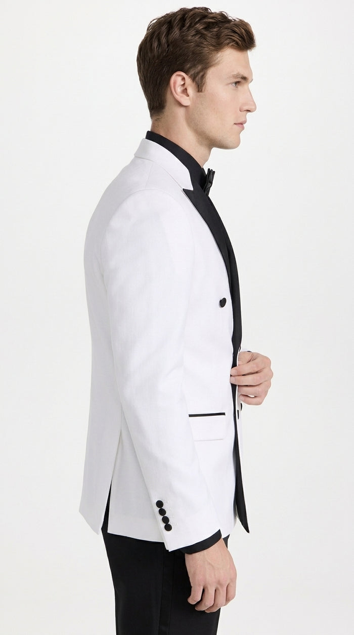 Men's White Double Breasted Tuxedo Dinner Jacket – Black Satin Peak Lapel Formal Wedding, Prom & Party Blazer