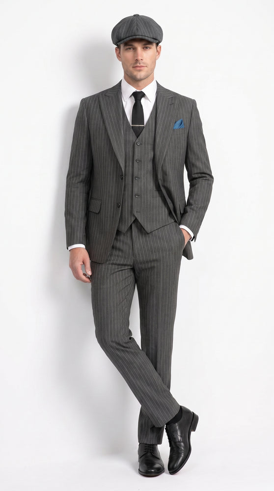 Men’s Thomas Shelby Peaky Blinders Gray Wool Suit Out fit Charcoal Grey Pinstripe 3-Piece  Vintage 1920s Suit