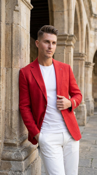 Men’s Red Linen Blazer – Two-Button Wedding, Business and Smart Casual Sport Coat