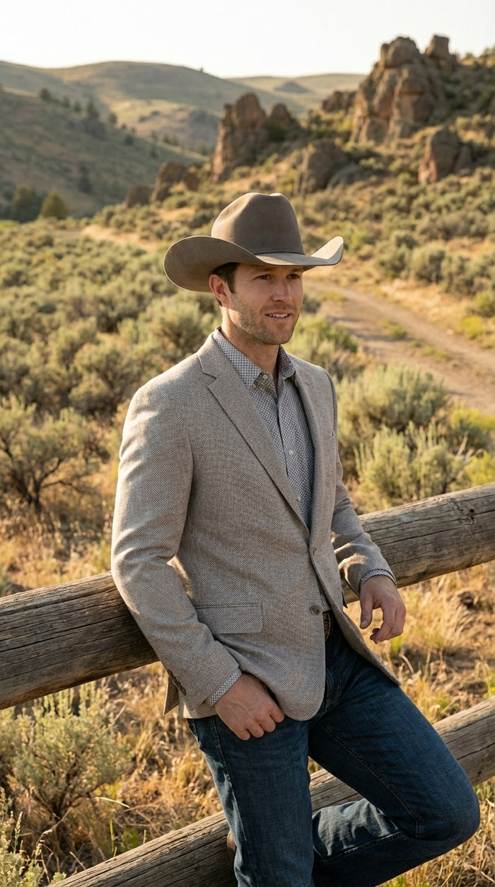 Mens Textured  Light Grey Western Blazer – Cowboy Style Casual Sport Coat for Men Classic Western Jacket