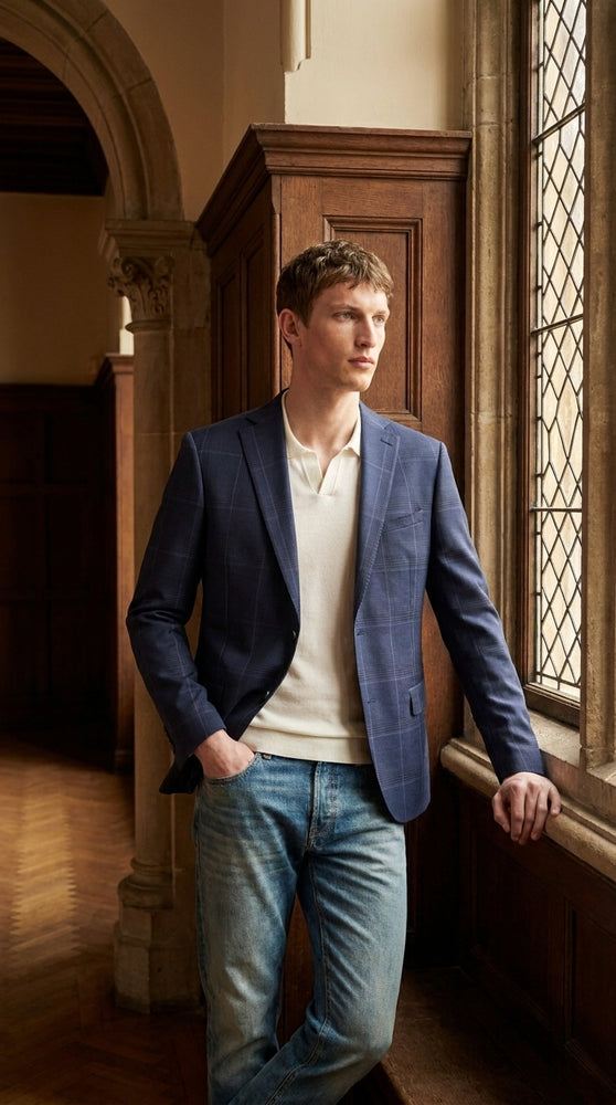Men’s Navy Blue Plaid Wool Blazer – English Style Textured Wool Winter Sport Coat  Windowpane pattern