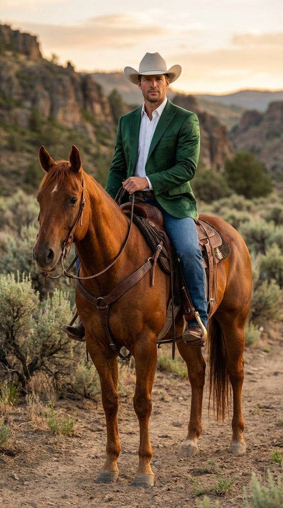 Mens Shiny Dark Green Cowboy Blazer – Western Style Satin Finish Blazer for Party, Country Hunter Color