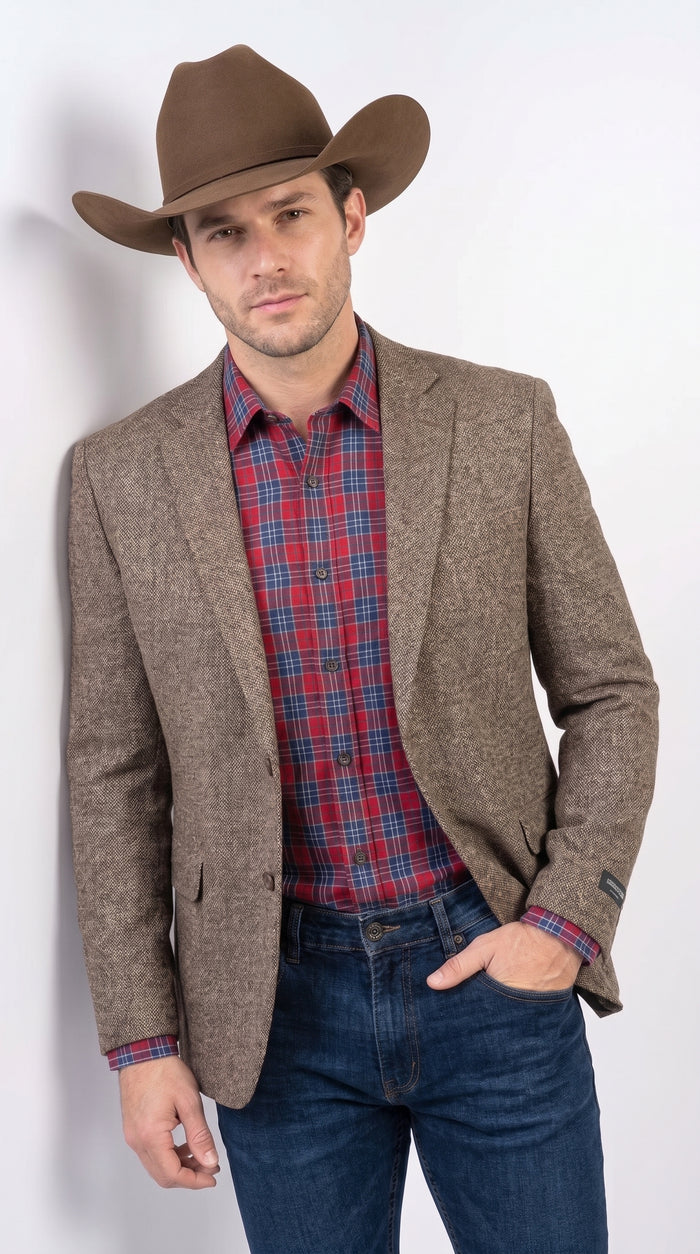 Men’s Light Brown Western Blazer – Textured Tweed Herringbone Cowboy Sport Coat for Rodeo, Country Taupe Dark Tan Color Wool Fabric
