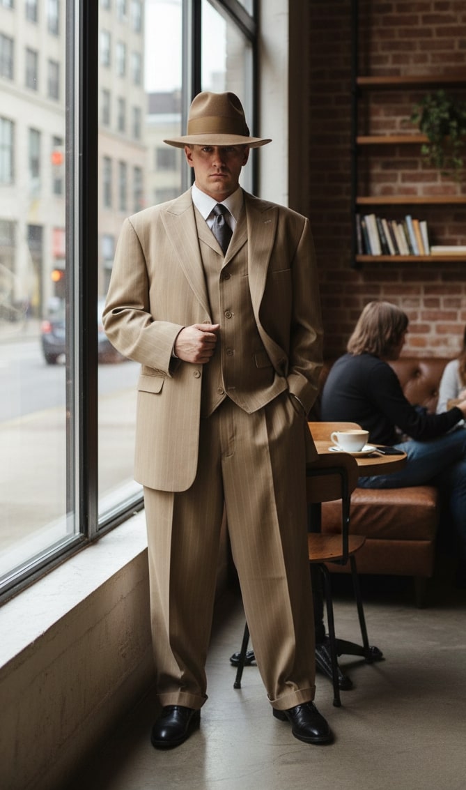 Mens Tan Pinstripe Zoot Suit – 1920s Gangster Vintage 3-Piece Suit with Wide-Leg Pants