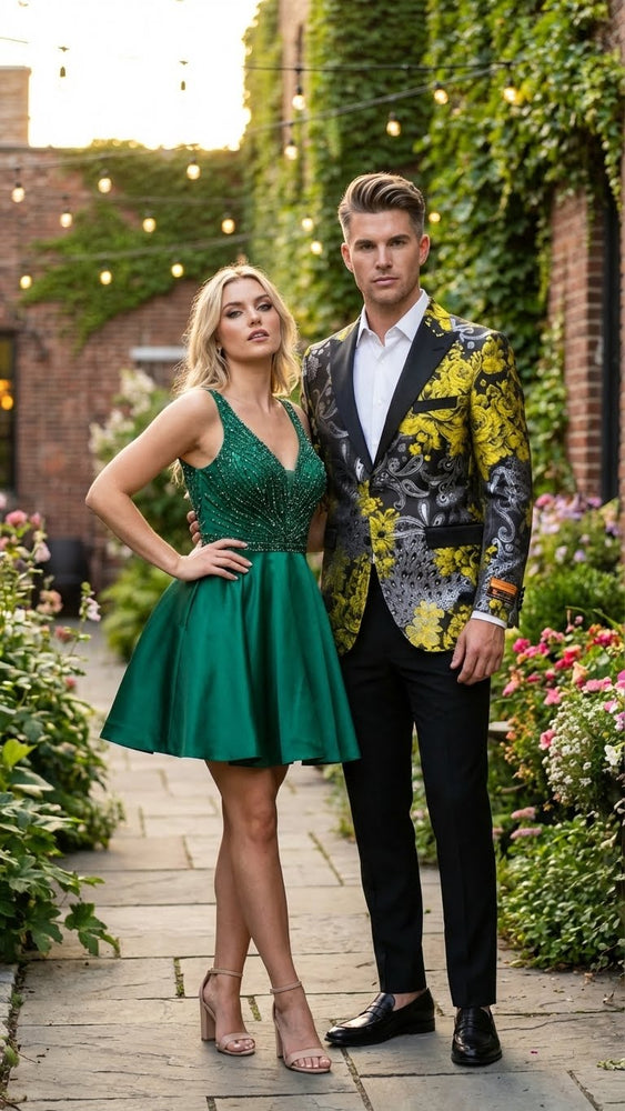 Men’s Yellow Tuxedo Black and Gold Floral Pattern Blazer | Formal Jacket - Prom Dinner Jacket + Black Pants + Bowtie