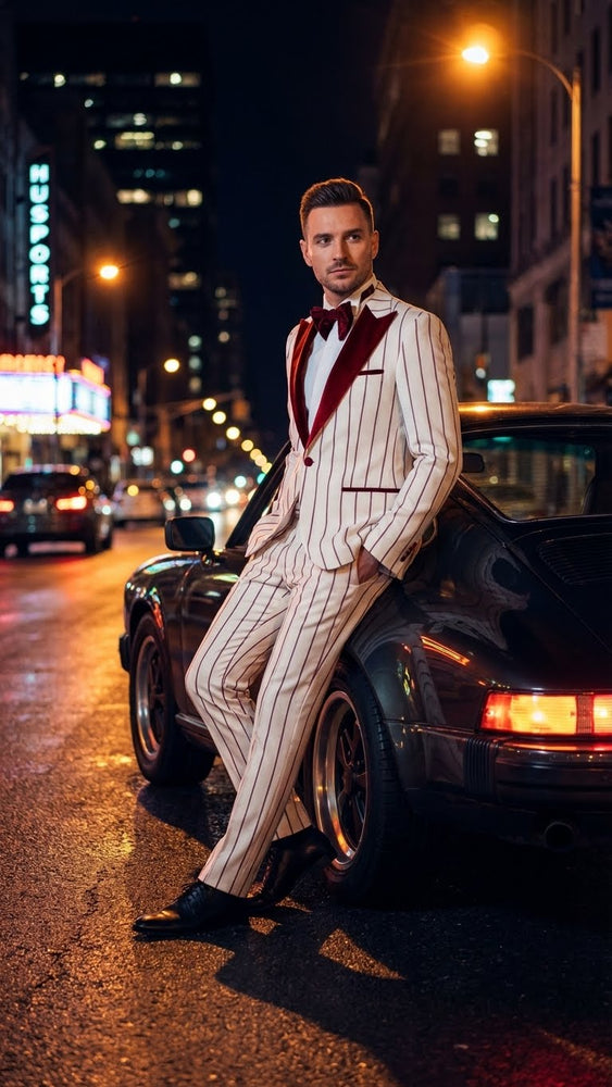 Men’s White and Dark Red Pinstripe Tuxedo with Velvet Shawl Lapel – Formal Dinner Blazer Prom Christmas New Year Holiday Suit