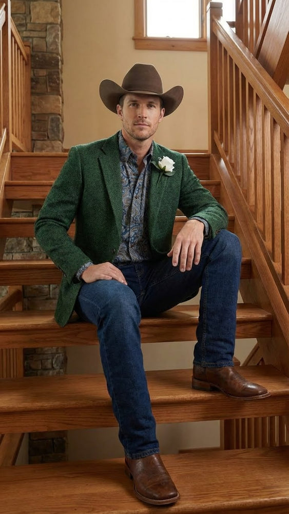 Men’s Green Western Blazer Jacket – Classic Cowboy Style Sport Coat for Wedding, Party and Formal Events