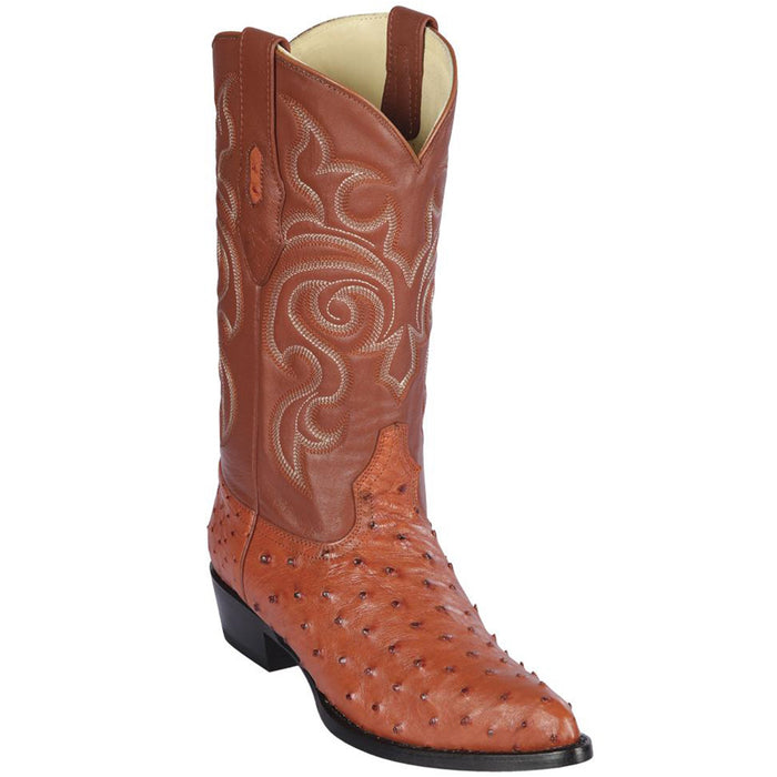 Los Altos men's cognac brown genuine full quill ostrich leather cowboy boot j-toe profile on a white background.