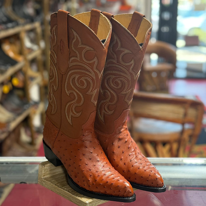 Los Altos men's cognac brown genuine full quill ostrich leather cowboy boot j-toe profile on a white background.