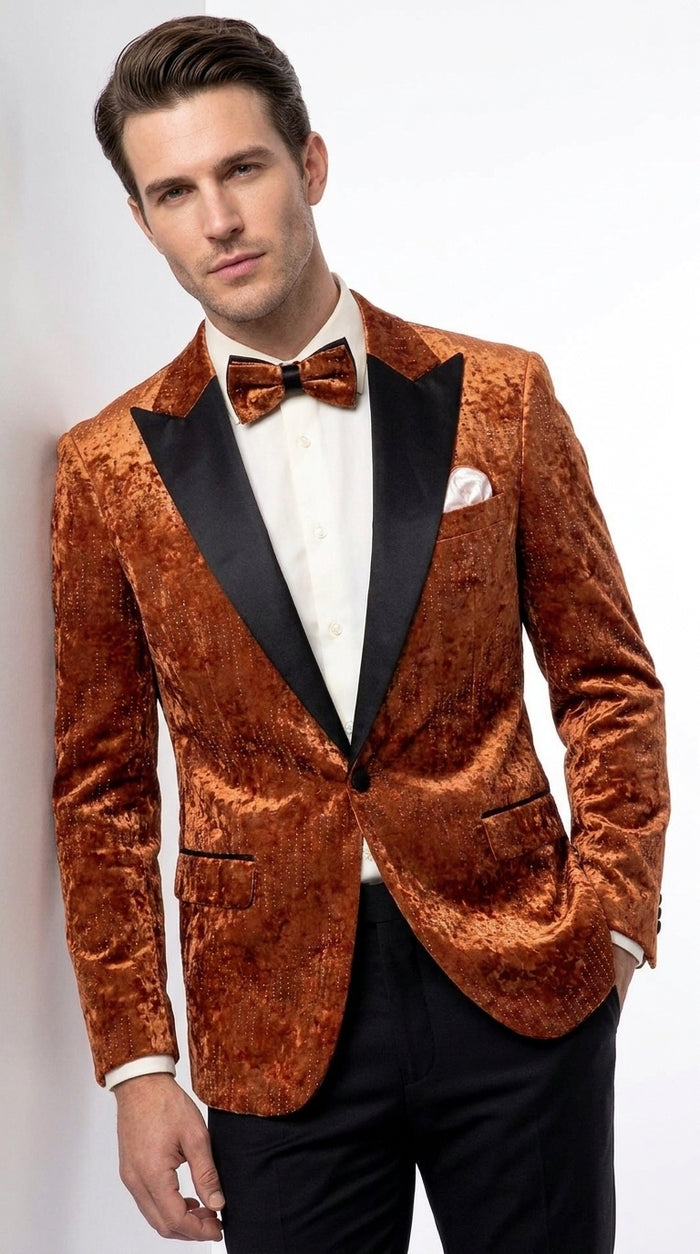 Men’s Burnt Orange Sequin Velvet Blazer – Kingsman Golden Bee Inspired Black Peak Lapel Dinner Jacket
