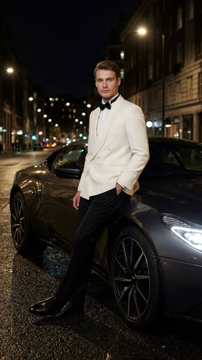 Men’s Ivory Double-Breasted Shawl Lapel Tuxedo Jacket | Premium Formal Dinner Jacket for Weddings and Black-Tie Events